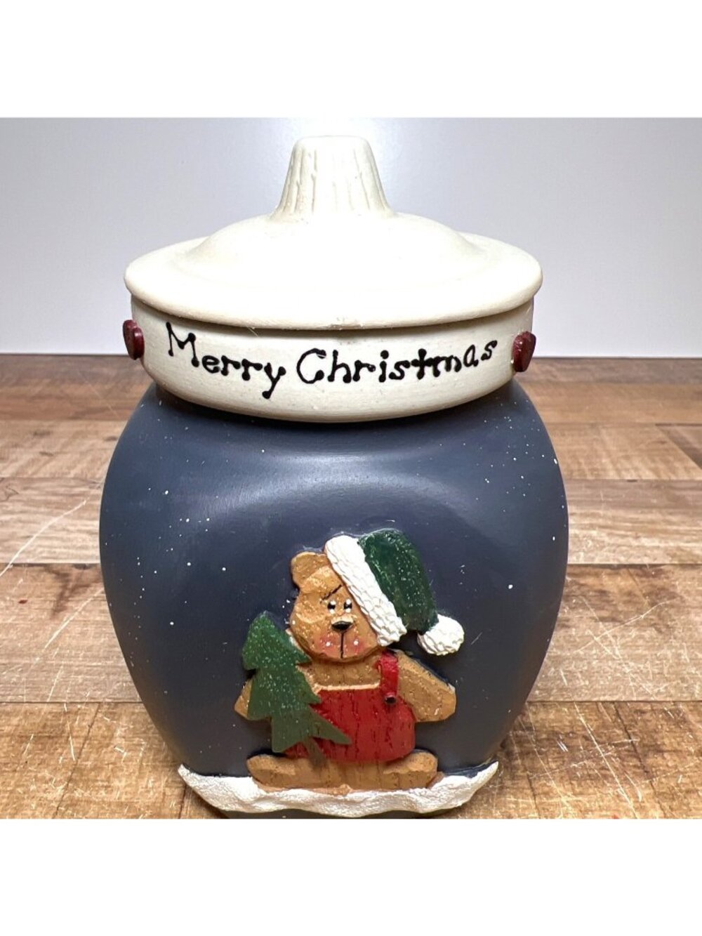 Merry Christmas Ceramic Candle Jar With Bear Design & Lid Happy Holidays Text